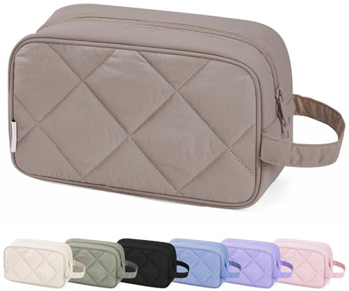 Narwey Große Kosmetiktasche für Damen & Herren - Wasserdichter Kulturbeutel mit Reißverschluss, Schminktasche Reise Essential, Toilettenorganizer für Make-up, Reisezubehör (Gesteppt Dunkelbraun)