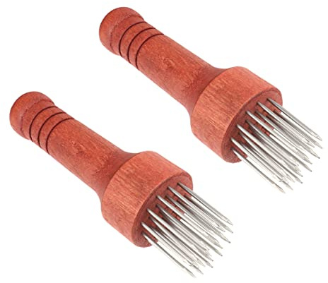 Stainless Steel Meat Tenderizing Needle Wooden Handle 2 Pcs | Multiple Steel Spikes, Loosens Fibres, Steak and Beef Prep Tool, Compact Kitchen Set