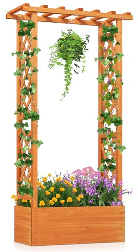 COSTWAY Blumenkasten mit Rankgitter & hängendem Dach, Pflanzkasten mit Rankhilfe, Hochbeet für Kletterpflanzen & hängende Körbe, für Garten Hof Terrasse, Pflanzkübel Holz, Orange, 66x32x152cm