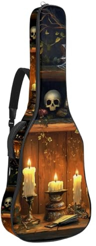 KengjuTesu 43 Zoll Akustikgitarre Softcase mit Rucksackgurt und 2 Taschen Magisches Bücherregal Totenkopf Katze Keine Polsterung Rucksack Wasserdicht Oxford Tuch Bassgitarre Gigbag für