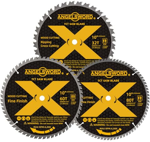 ANGELSWORD 10 Inch Table Saw Blade/Miter Saw Blade, 32T for Framing&60T for Fine Finish&80T for Ultra Fine Finish Wood Cutting, 3 Pack