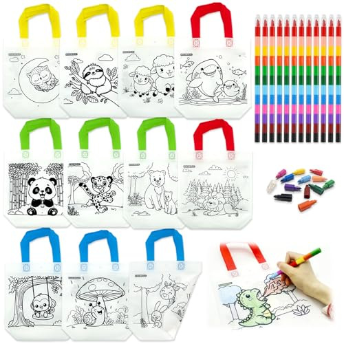 HahaMagic 12 Stofftaschen zum bemalen mit 12 Wachsmalstifte (12-in-1) | Ideal für Taschen bemalen Kindergeburtstag, Mitbringsel Kindergeburtstag, und Kunst-Partygeschenke für Kinder-Klassenzimmer