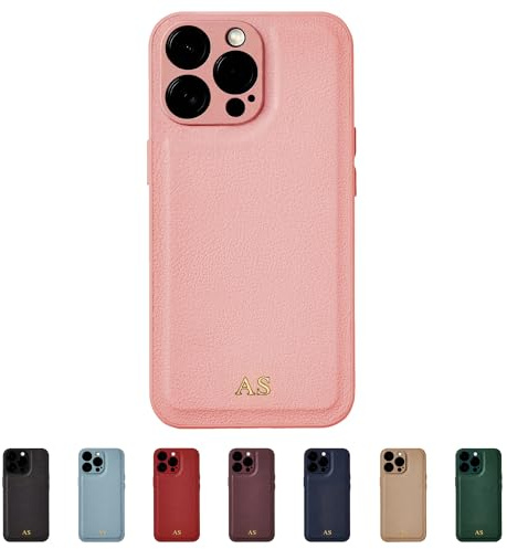 Tirita Personalisierte Handyhülle für iPhone 16 Pro Hülle - Handyhülle Selbst Gestalten aus Veganem Leder & Initialen Personalisieren - Geschecke für Frauen & Männer - Rosa, Gold