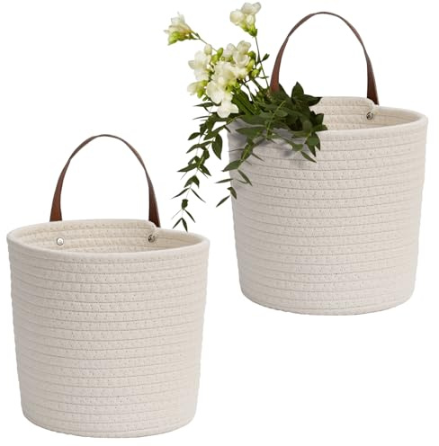 Kunjocy 2 Pcs Rope Hanging Basket, Flower Plants Basket Storage Basketry Small Woven Fern Hanging Rope Basketry for Home Boho Style Wall Decor Set (White, 18 * 20cm)