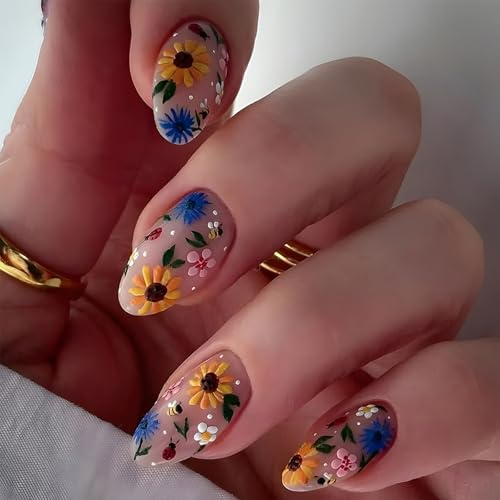 GlamRays Press on Nails for Women Short Floral French Almond Nail Tips Acrylic Nails False Nails Press 24 Pieces