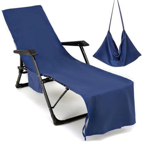 MARFOREVER Beach Sun Lounger Towels with Pockets 210 x 76 CM Microfiber Beach Sunbed Towels Quick Dry Beach Chair Cover for Summer Outdoor Pool Vacation Travel Pool Chair, Navy