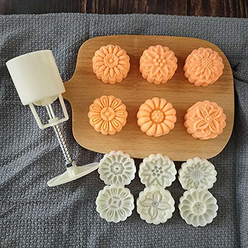 6Pcs/4Pcs Festival Cookie Decorate Mooncake Moulds, Round Non-Stick Cookie Press Mooncake Mould, 3D Flower Shape Kitchen Gadgets(B)