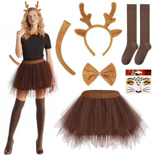 TOSZOLY Disfraz Animal Adulto, Disfraz de Ciervo para Mujer, Vestido Cosplay Mujer con Accesorios, Diadema y Pegatinas, Traje de Ciervo para Carnaval, Halloween, Cumpleaños, Cosplay (Reno)