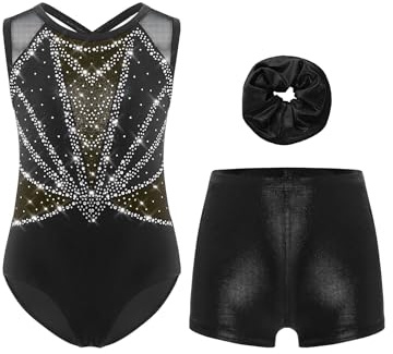 Xnihocha 3Pcs Mädchen Turnanzug Glitzer Gymnastikanzug Ärmellos Ballettanzug mit Shorts Kurze Hose und Stirnband Ballett Tanzkostüm