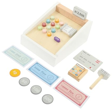 WOONEKY 1 Satz Holz Kassenset für Simulierte Spielkasse mit Scanner und Spielgeld Perfektes Lernspielzeug für Kaufladen und Rollenspiele Robustes Design Fördert Kreativität und