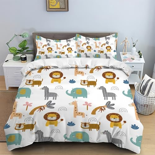 TKCQX Animaux de La Jungle Parure de Lit 160x200 Enfant pour 1 Personne Animation de Dessin Animé D'éLéPhant de ZèBre de Tigre de Lion Impression 3D Housse de Couette en Microfibre