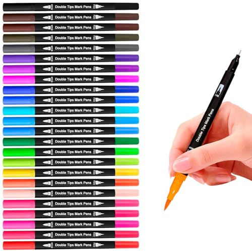 24 Dual Tip Colouring Pens, Double Head Felt Tip Pens with Brush Markers