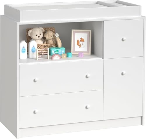 GOFEI Baby Changing Dresser with 3 Drawers & Storage Shelf – Large Tabletop Changing Table for Nursery, Dresser with Changing Table for Baby Room