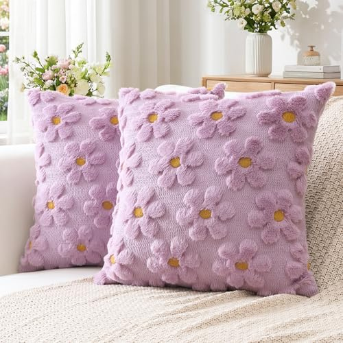 Artscope 2 Pezzi Primavera Estate Federe in Lana Corta Velluto Copricuscini Morbido Decorativo Fodere per Cuscino Lusso Stile per Divano Camera da Letto Fiori Lilla Chiaro 40x40 cm