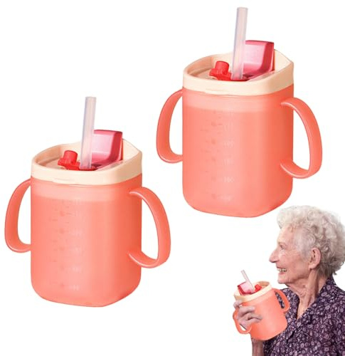 JISRKP 2Pcs Sippy Cup for Adults, Non Spill Cups for Elderly, Beakers for Elderly with Handle and Straw, Adult Drinking Cup for Elderly Non Spill for Disabled Patients and Pregnant Women (280 ml)