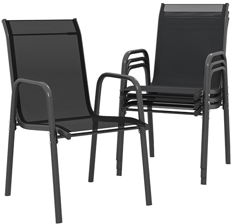 Outsunny Set 4 Sedie da Giardino Impilabili in Texteline Traspirante, Sedie per Pranzo da Esterno con Schienale Alto e Braccioli, in Metallo, da Patio, Balcone, Terrazza, Esterno, 51x69x87 cm, Nero