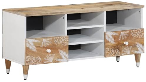 QUAHEAS Mobile TV in legno massiccio di mango, 100 x 33,5 x 46 cm, con 2 cassetti e ripiano, console multimediale bassa per soggiorno e camera da letto, con spazio e ripiano