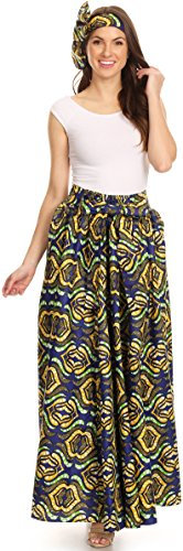 Sakkas 16317 - Asma Convertible Traditional Wax Print Adjustable Strap Maxi Skirt | Dress - 1136- BlueYellow - OS