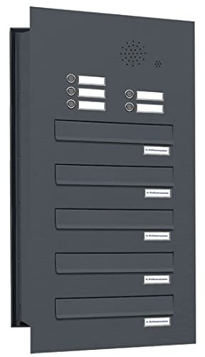 AL Briefkastensysteme 5 er Briefkasten Mauerdurchwurf in Anthrazitgrau RAL 7016 mit Klingel, 5 Fach DIN A4, wetterfeste Premium Briefkastenanlage Postkasten