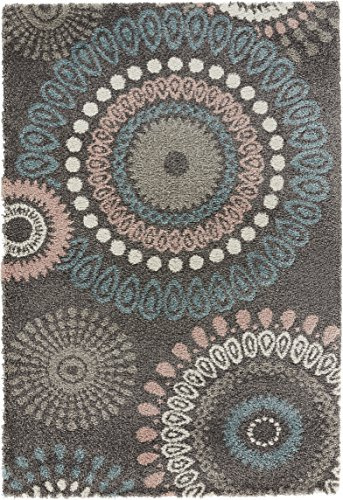 Mint Rugs Globe Teppich Hochflor Wohnzimmer-Teppich Weich Flauschig Langflor Shaggy Flokati Graphisches Kreismuster für Wohnzimmer Küche Flur oder Schlafzimmer Grau 120x170 cm