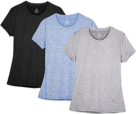 icyZone® Dam sport t-shirt löpning fitness skjortor sportkläder kortärmade toppar kortärmad topp, Svart/granite/blå, XL