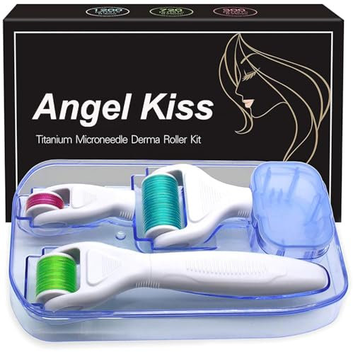 Derma Roller Kit - Angel Kiss 4 in 1 Kit per Microaghi in Titanio, Rullo Microneedling Dermaroller, 300/720 Aghi da 0.25mm, 1200 Aghi da 0.3mm