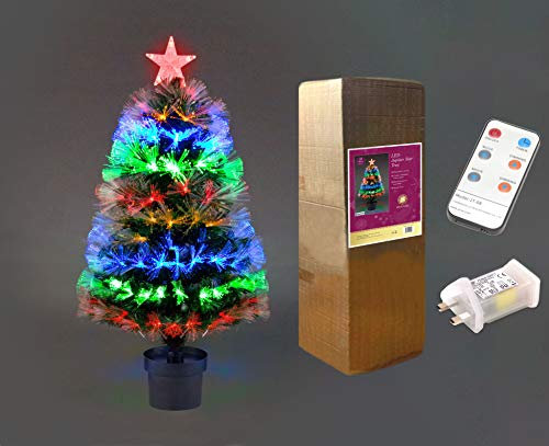 2Ft/60cm Fibre Optic Pre-Lit Christmas Tree with Remote Control - Multicolour LED, 8 Modes, Timer, Adjustable Brightness, Metal Stand, Easy Assembly Xmas Decoration for Home or Office