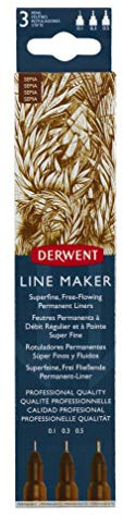 Derwent Sepia Line Maker Pen, Set om 3, Fine Liners, Blandade Nibs, Snabbtorkande Bläck, Idealisk för Skissning, Skrivande, Illustration och Färgning, Professionell Kvalitet, 2305561
