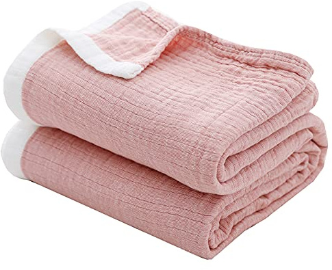 SE SOFTEXLY Cotton Muslin Throw Blanket for Adults,Breathable 4-Layer Yarn Dyed Linen Texture Gauze Blanket for Bed Sofa Couch,Super Soft Light Weight Blanket for All Season（50x60,Coral Pink）