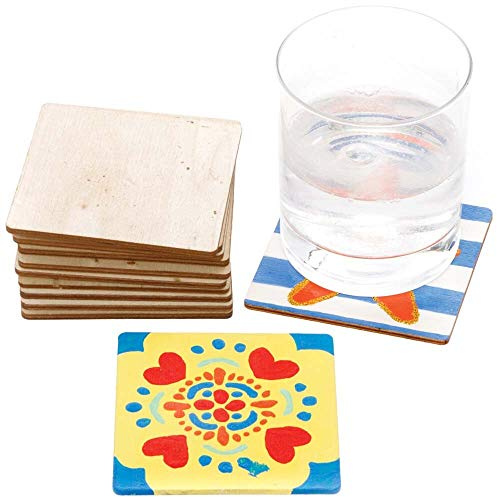 Baker Ross FE526 quadratische Holzuntersetzer, 10 Stück, bemalbar, kreative Kunst- und Bastelprojekte für Kinder zum Basteln, Personalisieren und Dekorieren