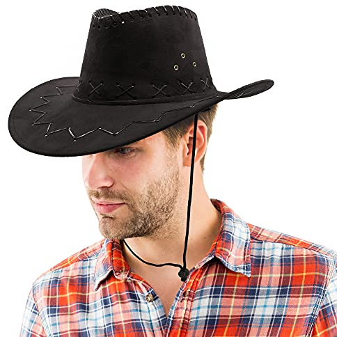 Schwarzer Cowboyhut – Wildlederimitat mit Kreuzschraffur und Kordelzug – breite Krempe, Cowboyhut, Kostümzubehör