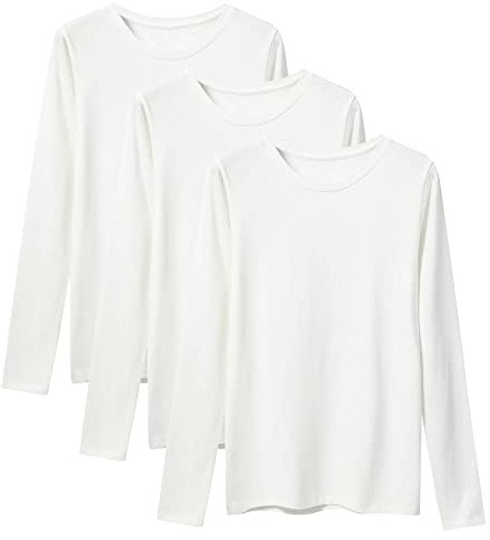 LiKing T-Shirt Femme Basique en Coton - Tee Shirt Manche Longue - T Shirt Long Blanc Lot de 3, Taille L
