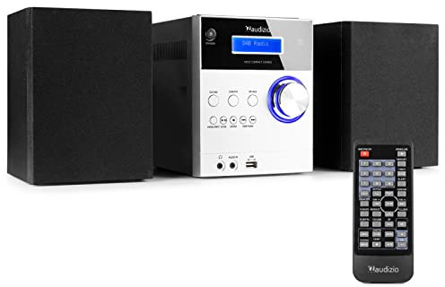 Audizio Metz Equipo de música HiFi con Altavoces, Minicadena con Radio Dab+, Bluetooth, Reproductor de CD, Entrada USB, Entrada Auxiliar, Incluye Mando a Distancia, Mini Cadena Color Aluminio