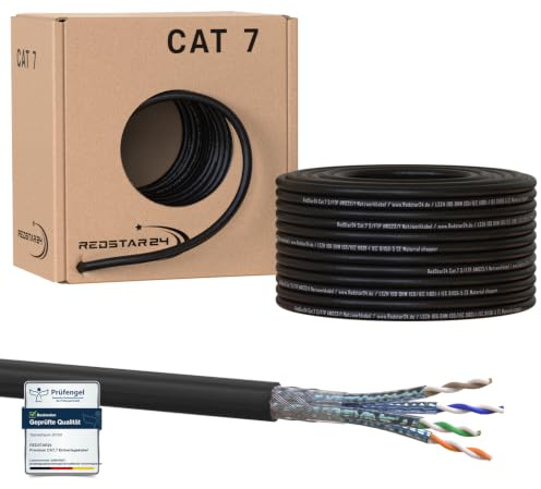 RedStar24 50m Cat7 Erdkabel Verlegekabel Outdoor Lan Kabel UV-beständig | Installationskabel Schwarz AWG23 CAT 7 S/FTP Ethernet Netzwerk 1000MHz geschirmtes Datenkabel Netzwerkkabel für Außenbereich