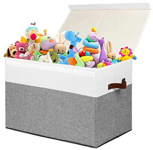 Gowee Large Toy Storage Box with Lid, Sturdy Toys Storage Chest Bin Organizer Basket with Dividers for Kids, Boys, Girls, Nursery, Closet, Bedroom, Playroom 25x13 x16 (Grey and White)