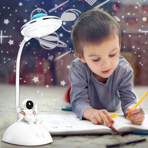 WLHBF Schreibtischlampe Kinder, LED Astronaut Tragbar Tischlampe | Leselampe mit Projektion&Bleistifthalter,Schreibtischlampe Dimmbar Wiederaufladbar Lampe für Student Schlafsaal Studie Lesen