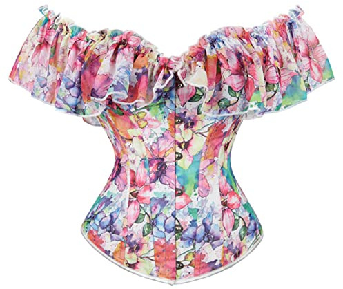 MENGQING Corset sexy pour femme avec manches bouffantes, corsets floraux, bustier gothique, corselete top overbust burlesque grande taille-805 floral, L