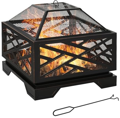 Outsunny Feuerschale mit Funkenschutz, Feuerkorb mit Grillrost, Schürhaken, 2-in-1 BBQ Grill, Feuerstelle für Garten, Balkon, Metall, Schwarz, 66 x 66 x 66 cm