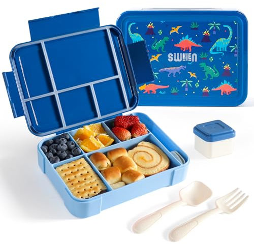 Swkien Brotdose Kinder Mit 6 Fächern, 1300ml Bento Box Auslaufsicher, Jausenbox Besteck(Löffel & Gabel), Lunchbox SpüLmaschinen Mikrowellenfest, Brotbox für Kindergarten Schule(Blau