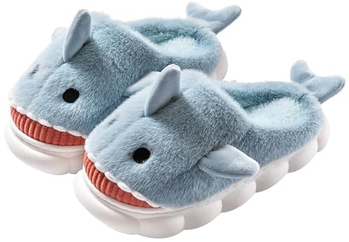 Yoroka Cartoon Fuzzy Slippers Animal Shape Plush Slippers Thick Sole Soft Winter Indoor Slippers for Women Shark-LBL-10