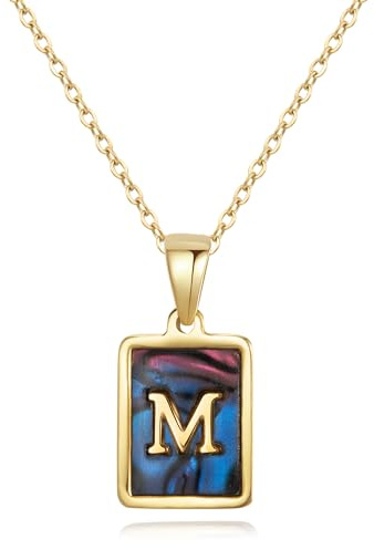 CyxenNova Kette Herren Halskette Herren Gold, Buchstaben Kette A-Z, Königskette Plattenkette Edelstahl Männer, Schmuck für Damen Geschenke (M, Perlmutt)