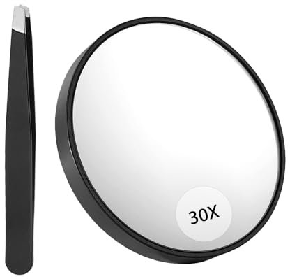MEMOFYND 1 lente d'ingrandimento 30x, con 1 pinzetta e 1 scatola di carta, lente d'ingrandimento portatile, specchio compatto, specchio per il trucco tascabile (nero)