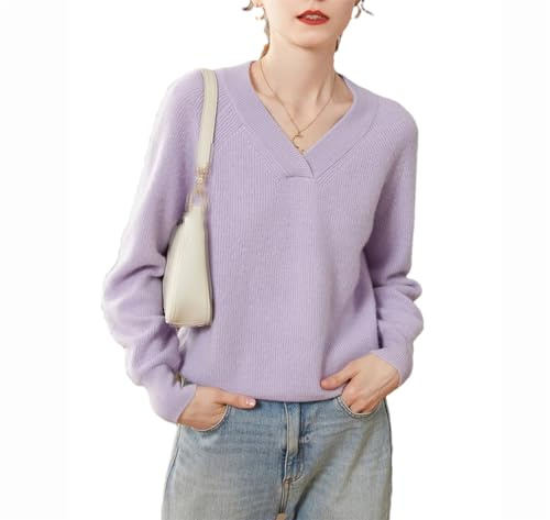 Automne Hiver Femmes Cachemire Col V Pull Solide Casual Chaud Pull Pulls, Couleur lilas., M