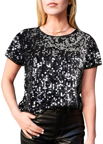 Anna-Kaci Women's Sparkly Sequin Top Short Sleeve Glitter Concert Party Disco Shirt Blouse, Black and Silver, Small