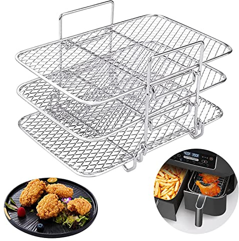 Air Fryer Rack, Three-Layer Stackable Design Air Fryer Grill Racks, Square, Layered Dehydration, Double Basket Air Fryers Rack, Pressure Cooker and Air Fryer Accessories