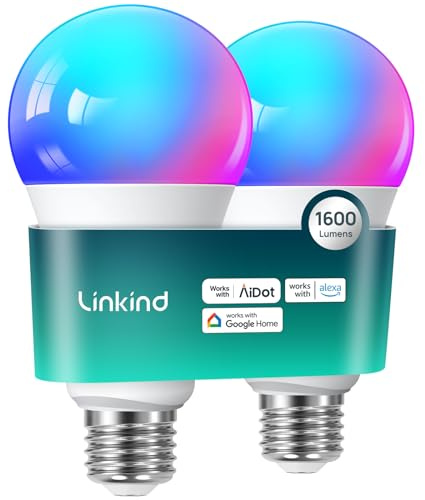 Linkind Smart Light Bulbs, 1600LM (100W Equivalent) Smart Bulb, Work with Alexa & Google Home, RGBTW Color Changing Bulb Music Sync, 2.4GHz Wi-Fi & Bluetooth, LED Alexa Light Bulbs 14W, A21 E26, 2Pack