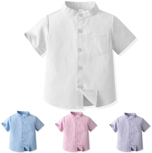 Yanmucy Boys Baby Short Sleeve Top Stand Collar Button Down Shirt Summer Little Big Boy's Causal Shirts for 2-8 Years (UK, Age, 4 Years, 5 Years, Regular, White)