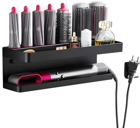 Feelhap Soporte para Secador de Pelo de Aluminio Montado en la Pared - Con Almacenamiento y Soporte para Cable - Porta Secador para Baño, Negro