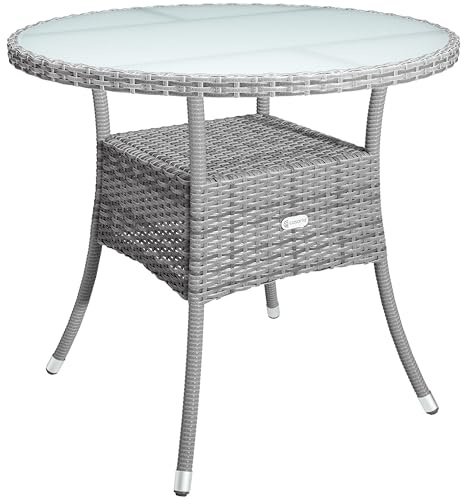 Casaria® Tavolo Rotondo da Giardino Polyrattan Ø 80 Piano in Vetro 5mm Altezza Regolabile Tavolino Terrazza Balcone