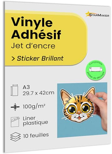 10 hojas A3 - Vinilo adhesivo BRILLANTE con liner plástico - Imprimible Inkjet, resistente al agua y duradero, ideal para pegatinas